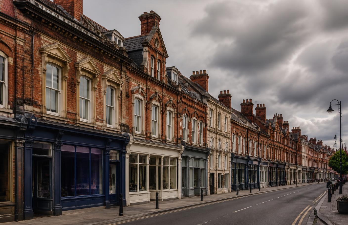 Essex high street with Victorian mixed-use buildings and shopfronts