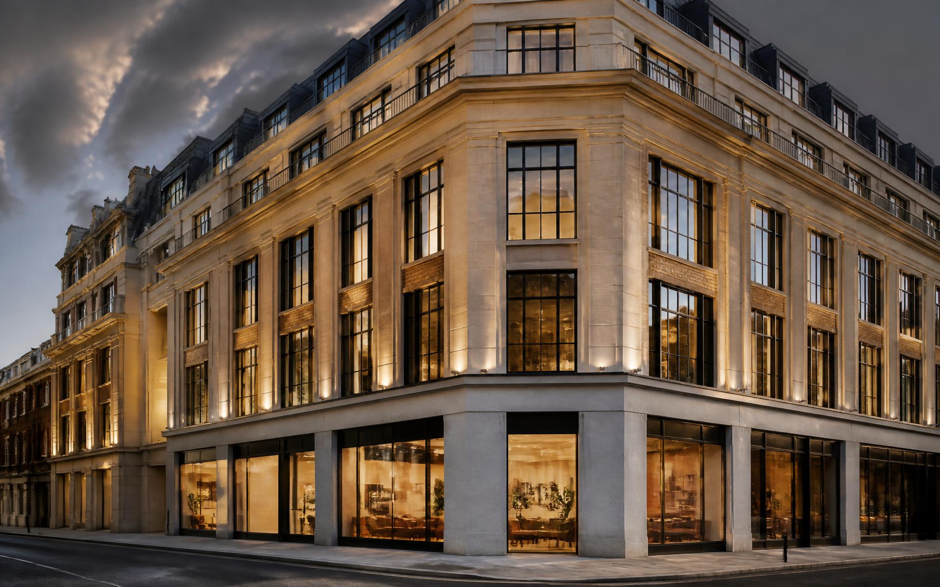 London mixed-use commercial building at golden hour