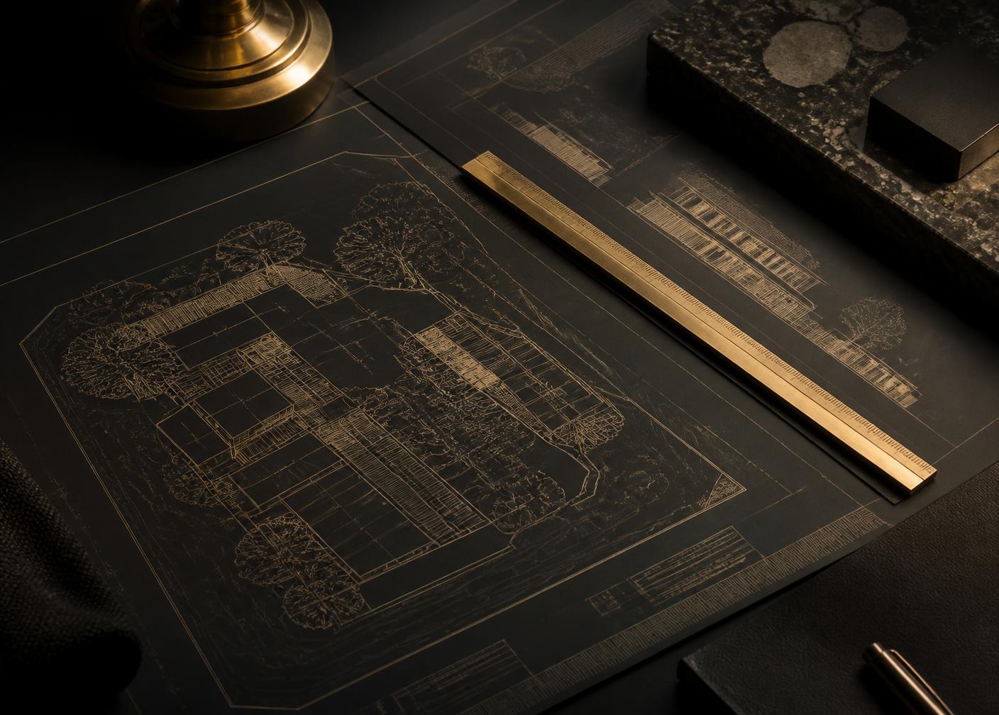 Architectural site plans and elevation drawings with a brass scale rule